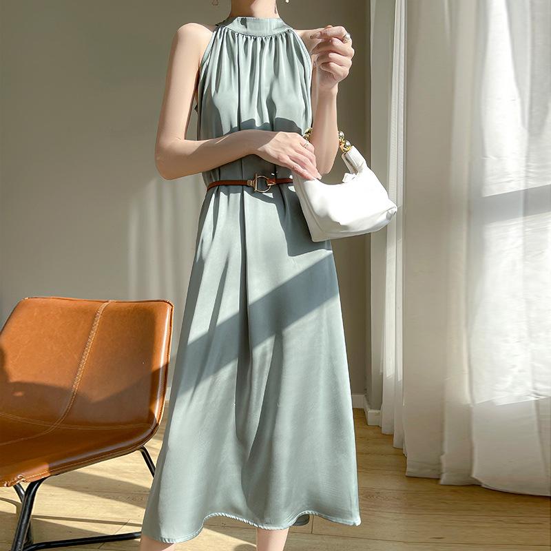 2024 Summer Women's French Retro Acetate Satin Halter Neck Sleeveless Dress