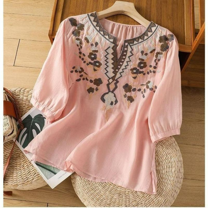 Ethnic Embroidered Cotton and Linen Shirt, Western Style Casual Summer Pullover, Loose Literary Blouse