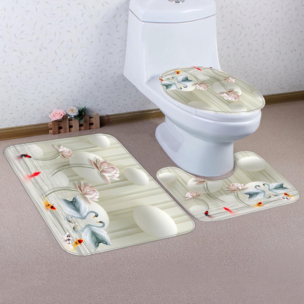 1/4 Flowers Swan Curtains, Toilet Seat Decoration, Shower Curtain with Carpet and Toilet Lid, 12 70.8x70.8 Inch Hooks