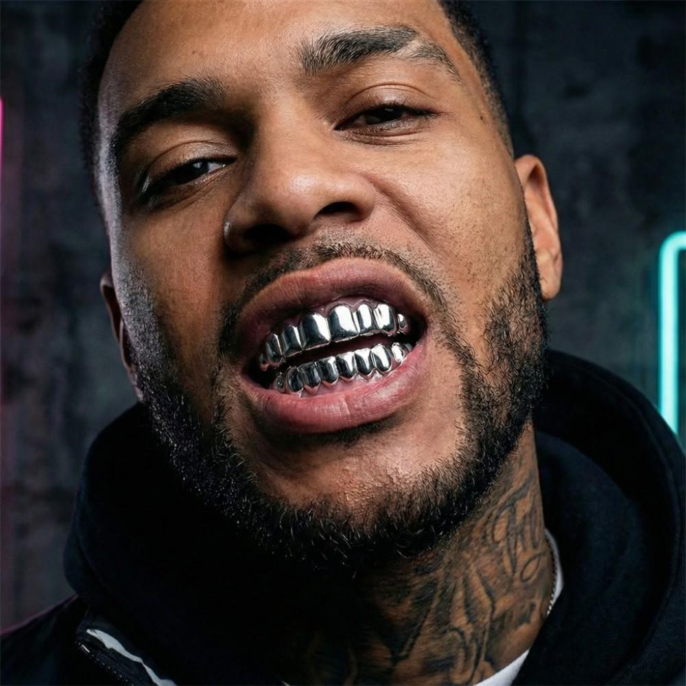 Glossy Finish Teeth Grillz Top Bottom Set Anti Slip Shiny Teeth Grillz Caps Silver Eco-friendly Copper Teeth Jewelry Rapper