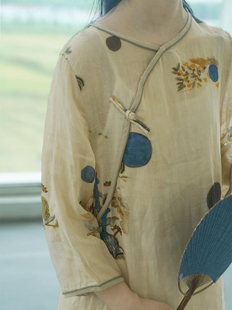 Johnature Dámské šaty Ramie v čínském stylu Květinové Vysoce kvalitní Župany se sedmi rukávy Vintage šaty s knoflíky na podzim