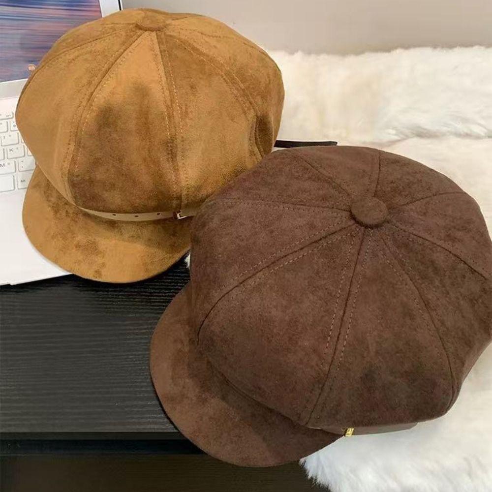 British Style Suede Octagonal Hat Brown Painter Hat Personality Pu Leather Beret  Travel