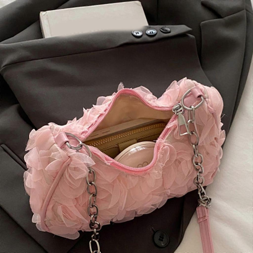 Modern Underarm Chain Bag With Rose Lace Detailing Spacious Interior Practical PU Women Fashion Accessory White