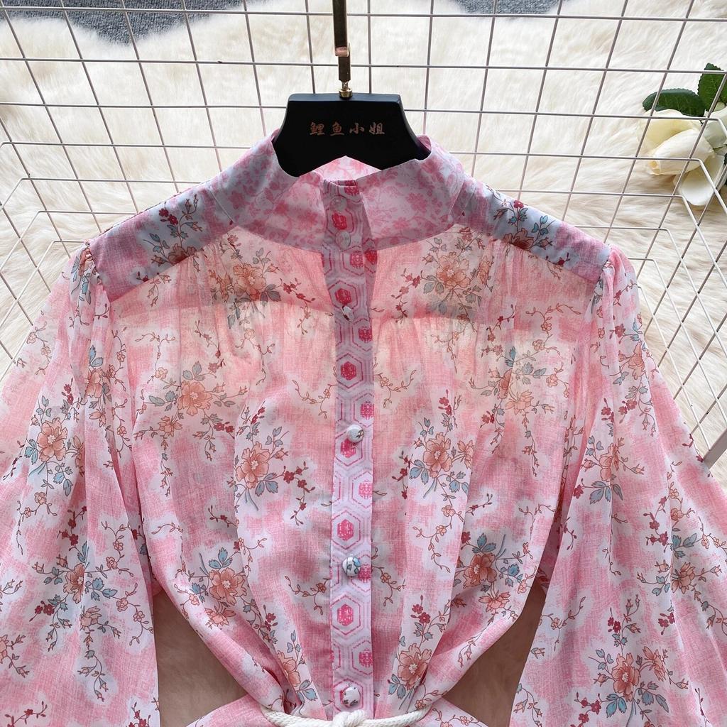 2024 Spring New French sle Puff sleeve Breasted Waist Hugging Slimming Temperament Long Print Formal Dress Chiffon Dress