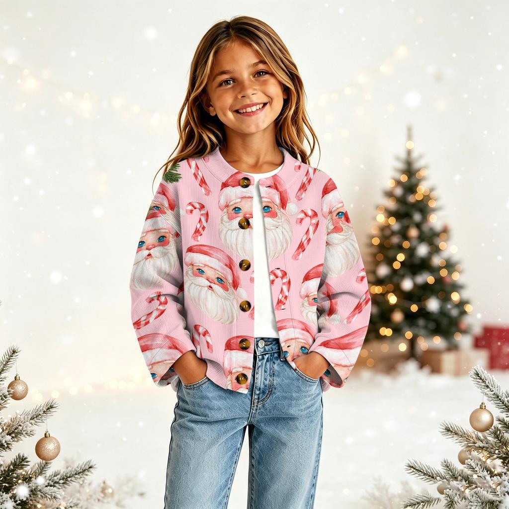 Cardigan Natalizio con Bottoni e Stampa Natalizia per Bambina, per Outfit Festivi e Uso Quotidiano
