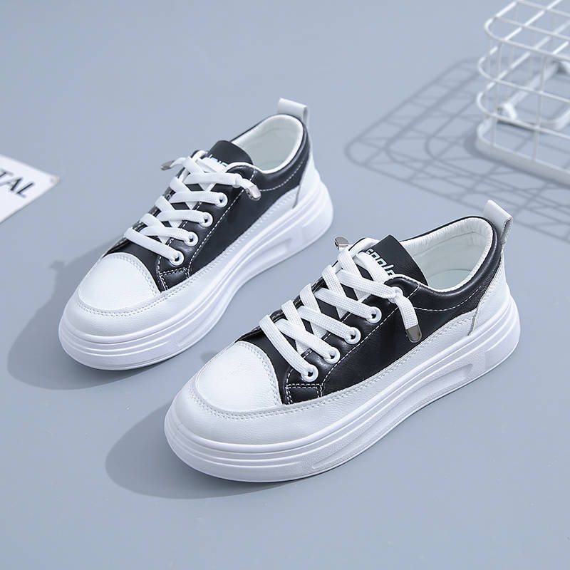 Women's White Shoes Spring and Summer New Leather Panel Shoes Thick Sole Breathable Sports Shoes Korean Style Outdoor Fashionable Travel Shoes Women