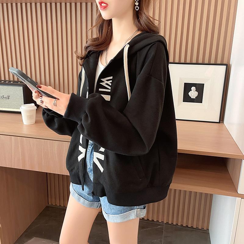 Jachetă Casual de Toamnă pentru Femei, Largă, cu Mâneci Lungi, cu Glugă, Imprimeu cu Litere