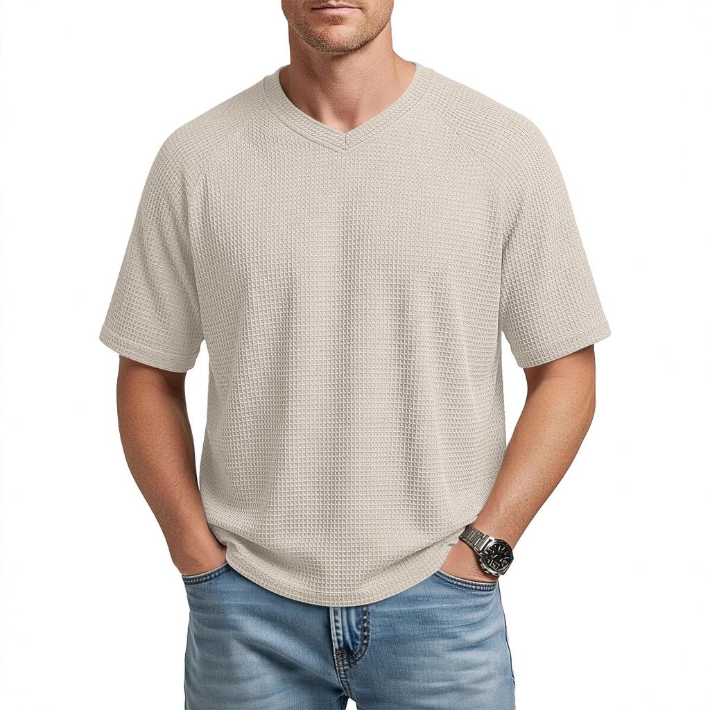 Men's Waffle Knit Short Sleeve T-Shirt Spring Summer Lightweight Breathable V-Neck Raglan Sleeve Casual Solid Top