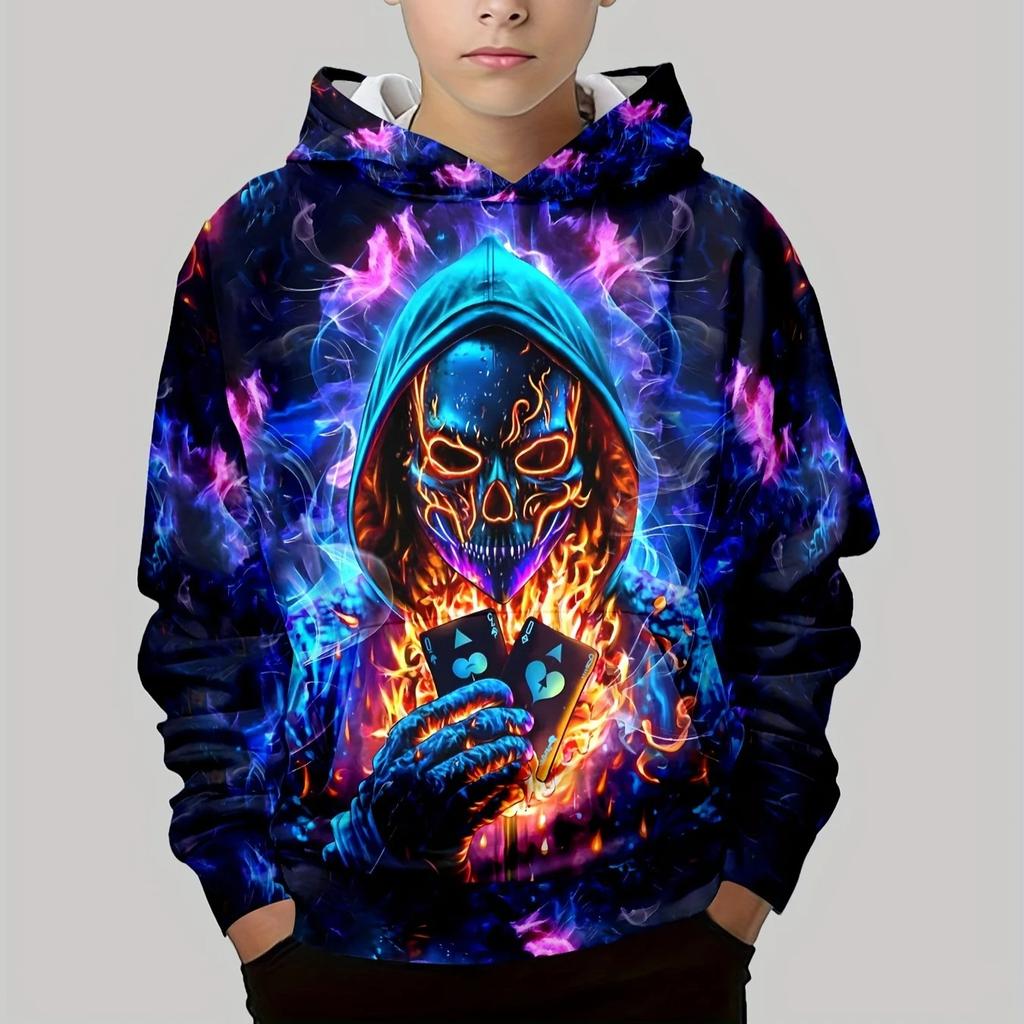 Podzimní 3D mikiny s potiskem lebky Módní ležérní sportovní s dlouhým rukávem Dětské chlapecké mikiny s kapucí