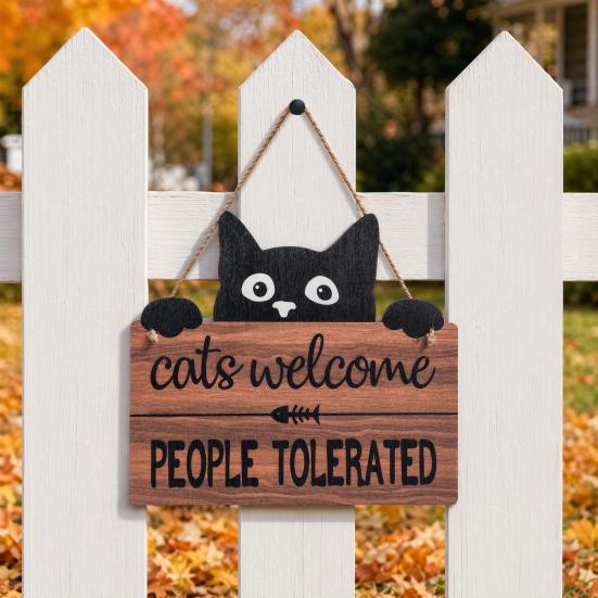 Yousheng Halloween Hanging Door Sign, Cute Cat Hanging Sign, Wooden Front Door Hanger with Hemp Rope for Porch Wall Indoor Home