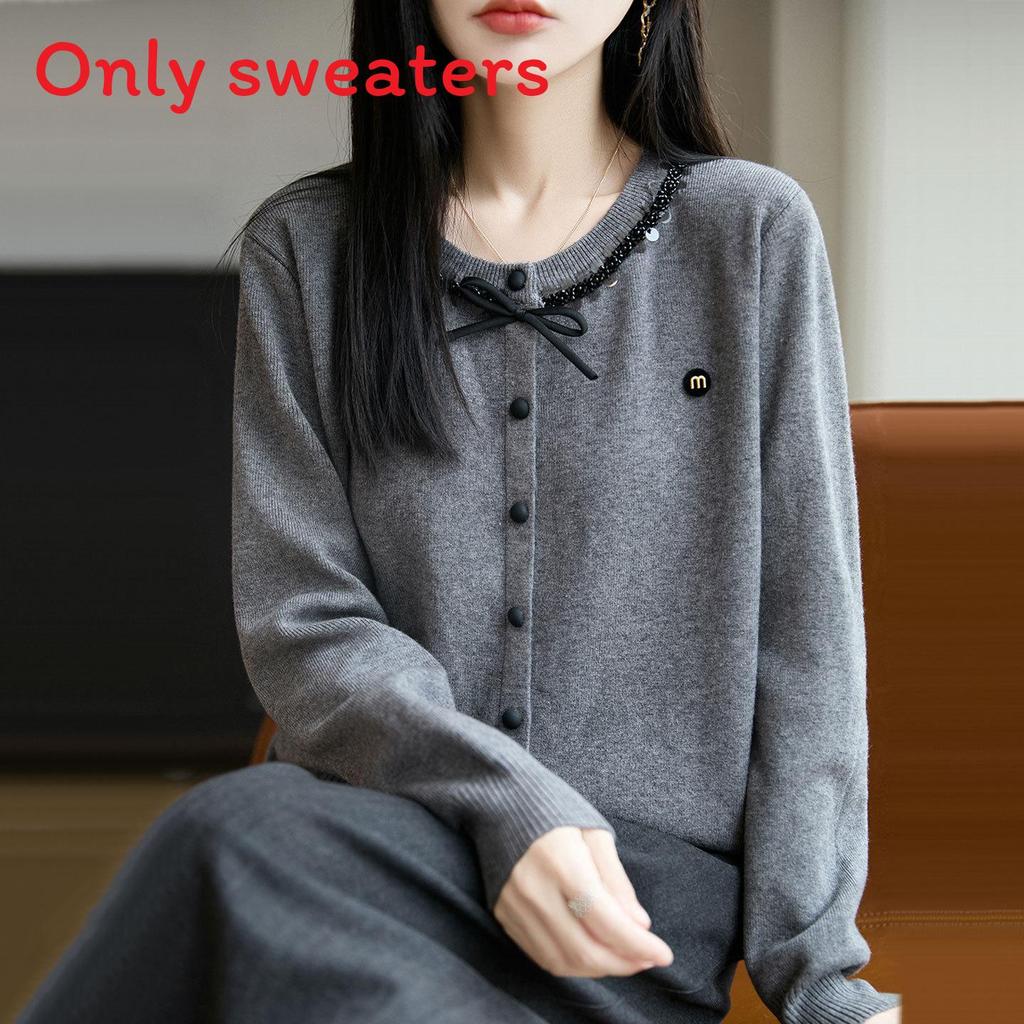 Womens Knit Cardigan With Sequins And Bow Decorations For Autumn Casual Wear