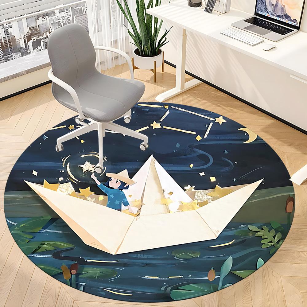 1pc Paper Boat Night Office Round Area Rug, Indoor Mat Suitable For Office, Under Office Chairs Bedroom Living Room Home Decor, Room Deco