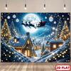 2D Magische Weihnachtsnacht Szene Kulisse, Weihnachtsmann Schlitten & Gemütliches Dorf Fotografie Hintergrund