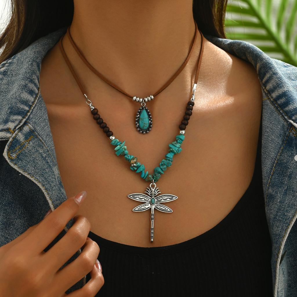 2pcs Boho Pendant Necklace for Women, Irregular Stone Wood Bead Chain with Dragonfly - PU Leather for Party Casual Gift