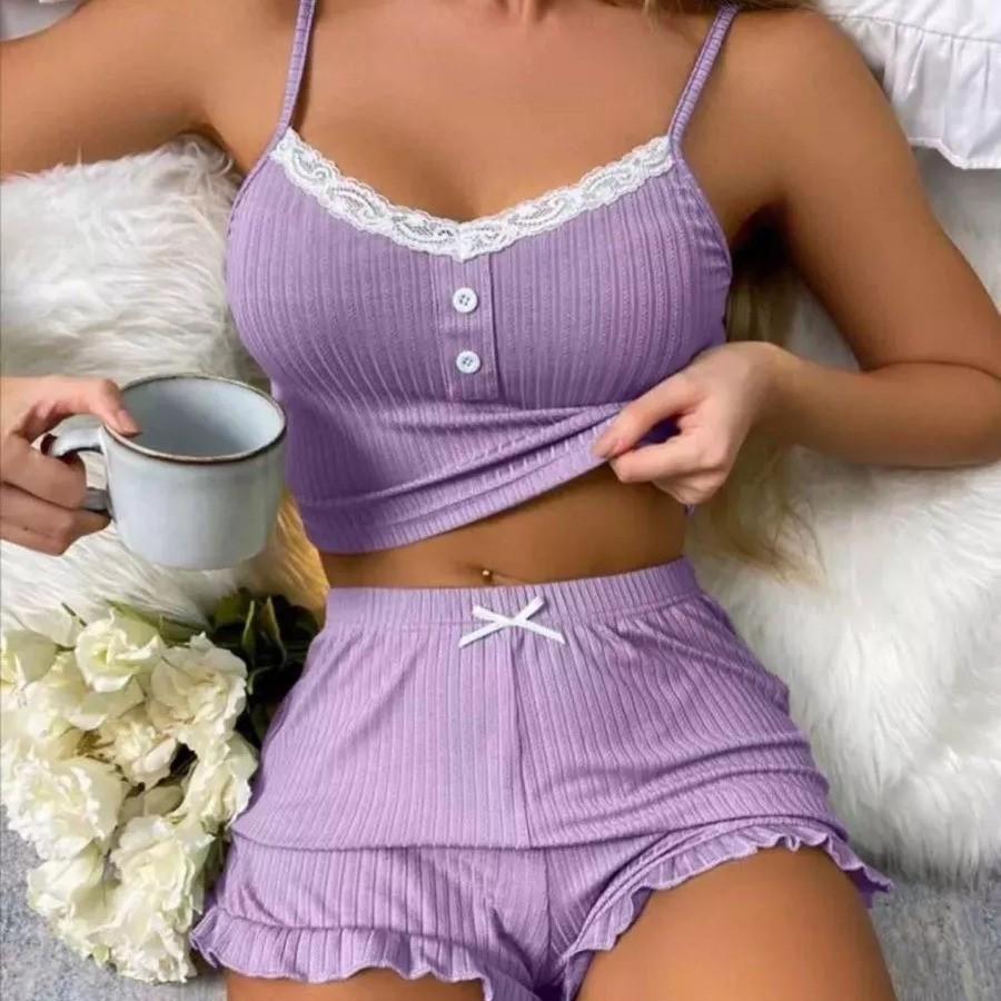 

Lace Trim Camisole & Shorts Set for Women - Sexy Casual Sleepwear for Teens, Trendy European & American Style Small зелений