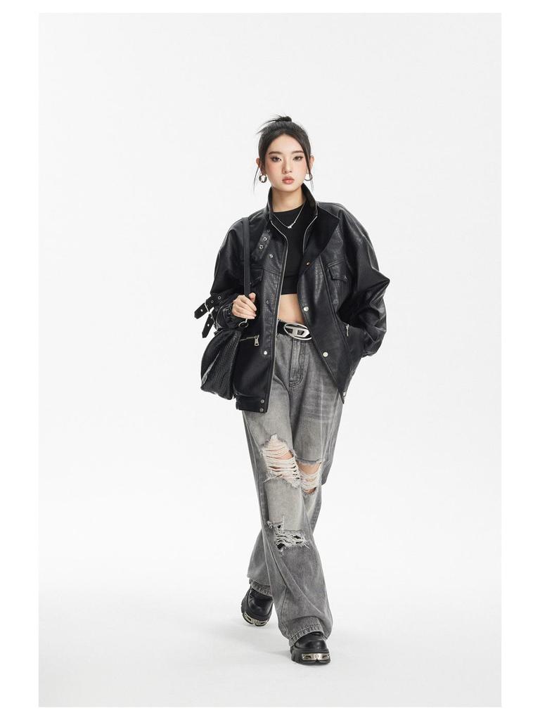 ANSWER ME Unisex Retro PU-Leder Motorradjacke - Trendy, Locker, Lässiger Mantel W251