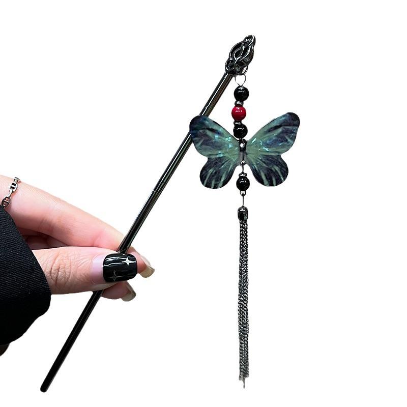 Chinesischer Quasten-Haarstab Cheongsam-Rock: Elegante antike Schmetterlings-Haarnadel mit Ebenholz-Kopfschmuck für einen anmutigen Dutt.