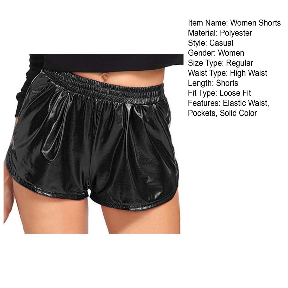 Women Casual Shorts Elastic High Waist Glossy Surface Solid Color Faux Leather Shorts with Pockets Streetwear