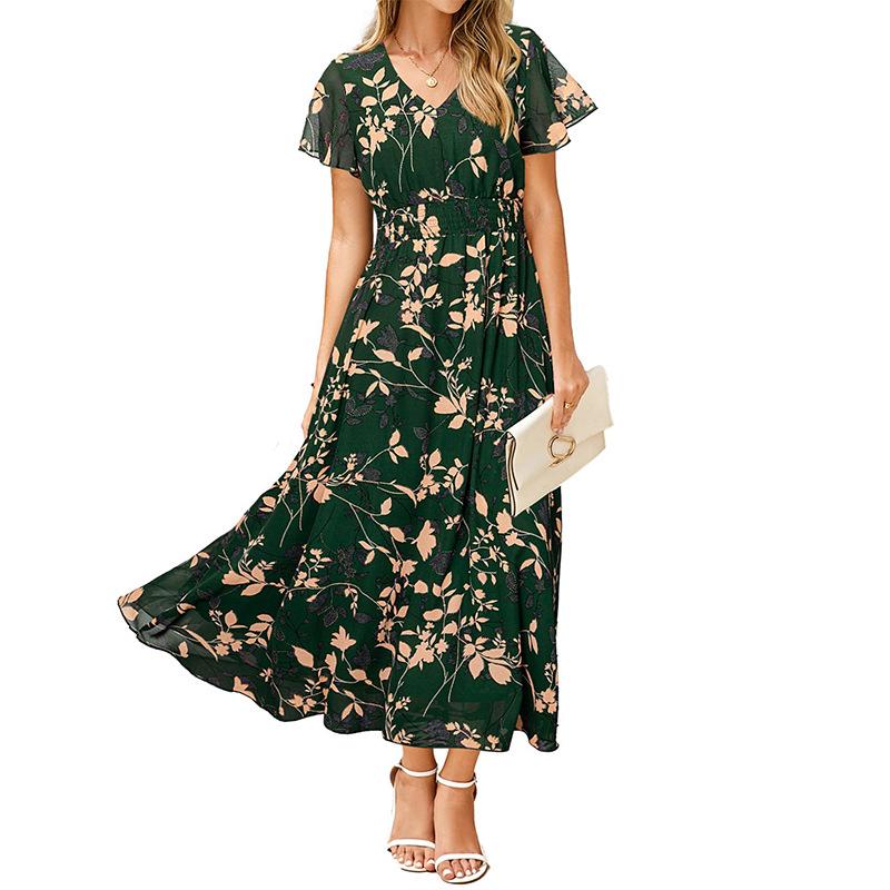 European and American Women's Clothing Summer New Short-sleeved Printed Chiffon Dress Waist Elegant Long Dress