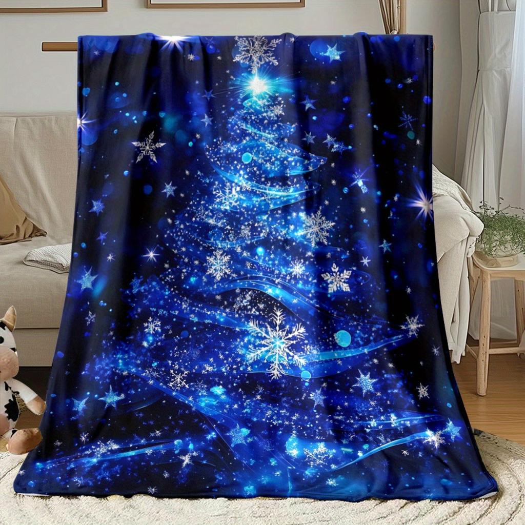 Blue Glitter Christmas Tree Flannel Throw Blanket, Shiny Snowflake Star Xmas Tree Print Soft Warm Blanket Sofa Bed Winter Holiday Home Decor
