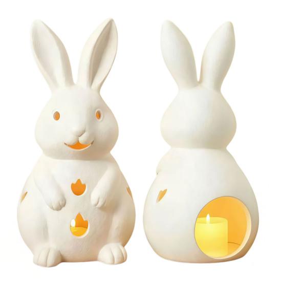Easter Rabbit Candle Holder White Hollow-Out Bunny Tealight Holder Resin Rabbit Sculpture Candlestick Ornament with LED Candle for Home Mantel