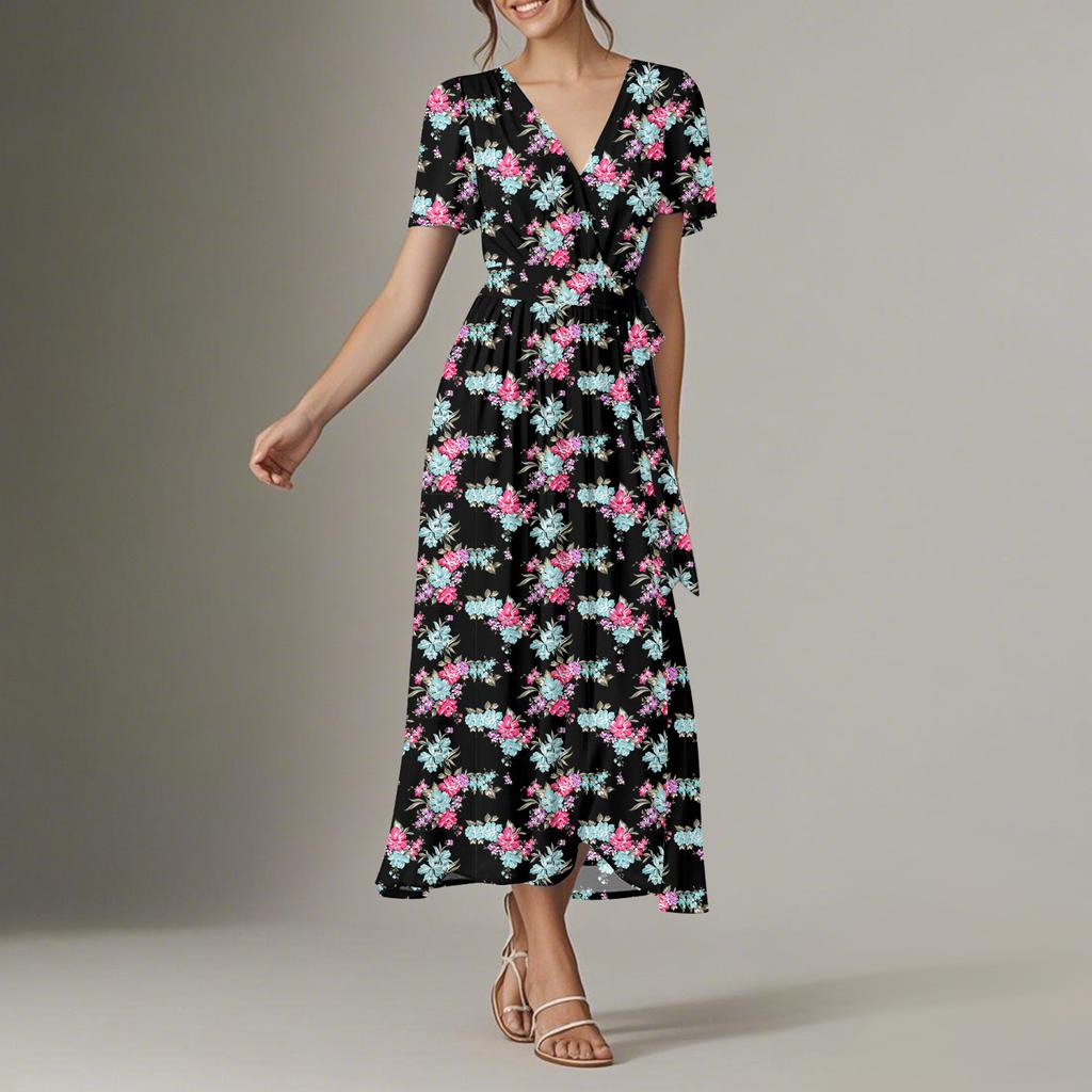 Women's Summer Floral Bohemian Dress Wrap V Neck Short Sleeves Ruffle A-Line Flowy Maxi Dress Summer Dresses For Women