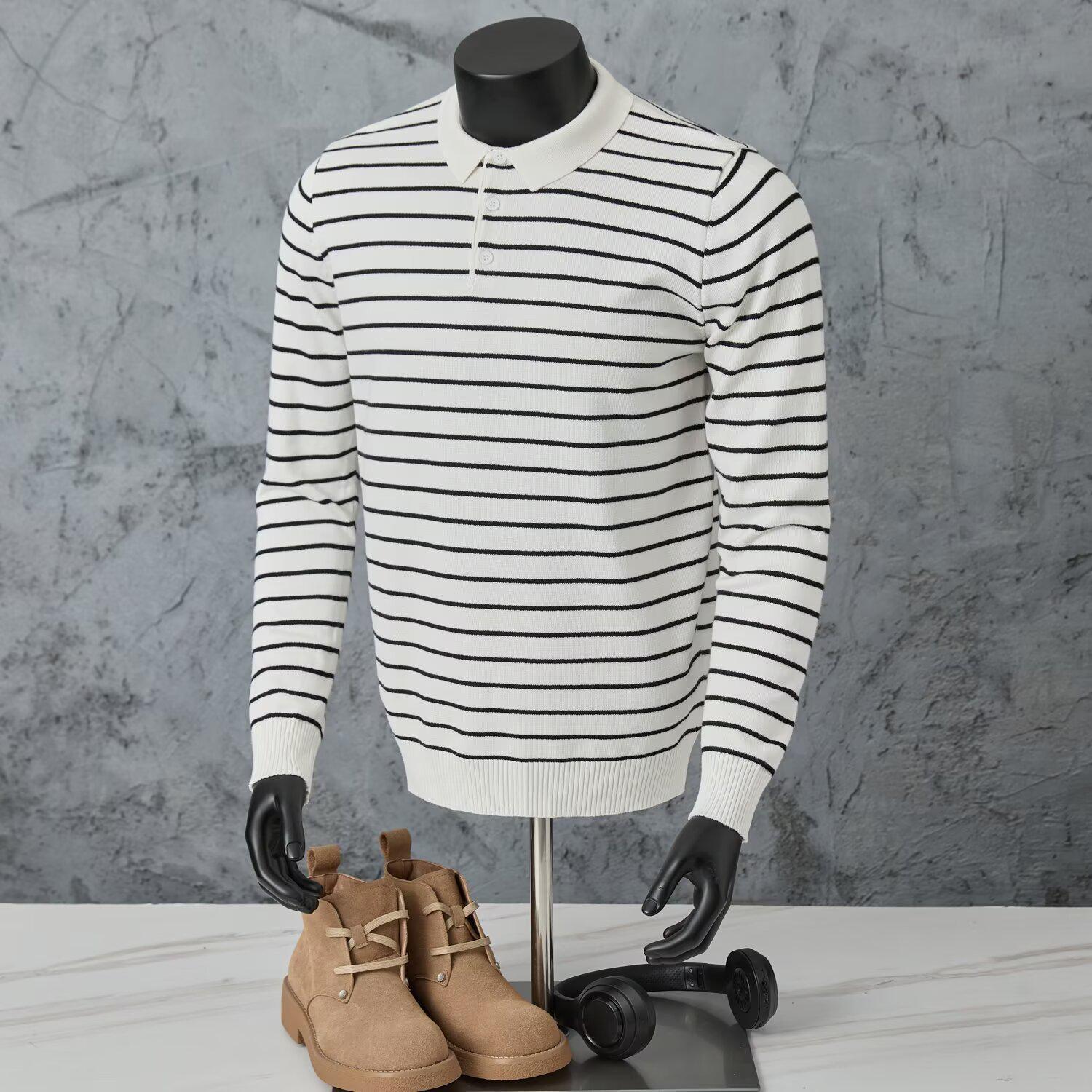 Autumn Men s Striped Color Block Polo Shirt with Long Sleeves and Lapel Collar M