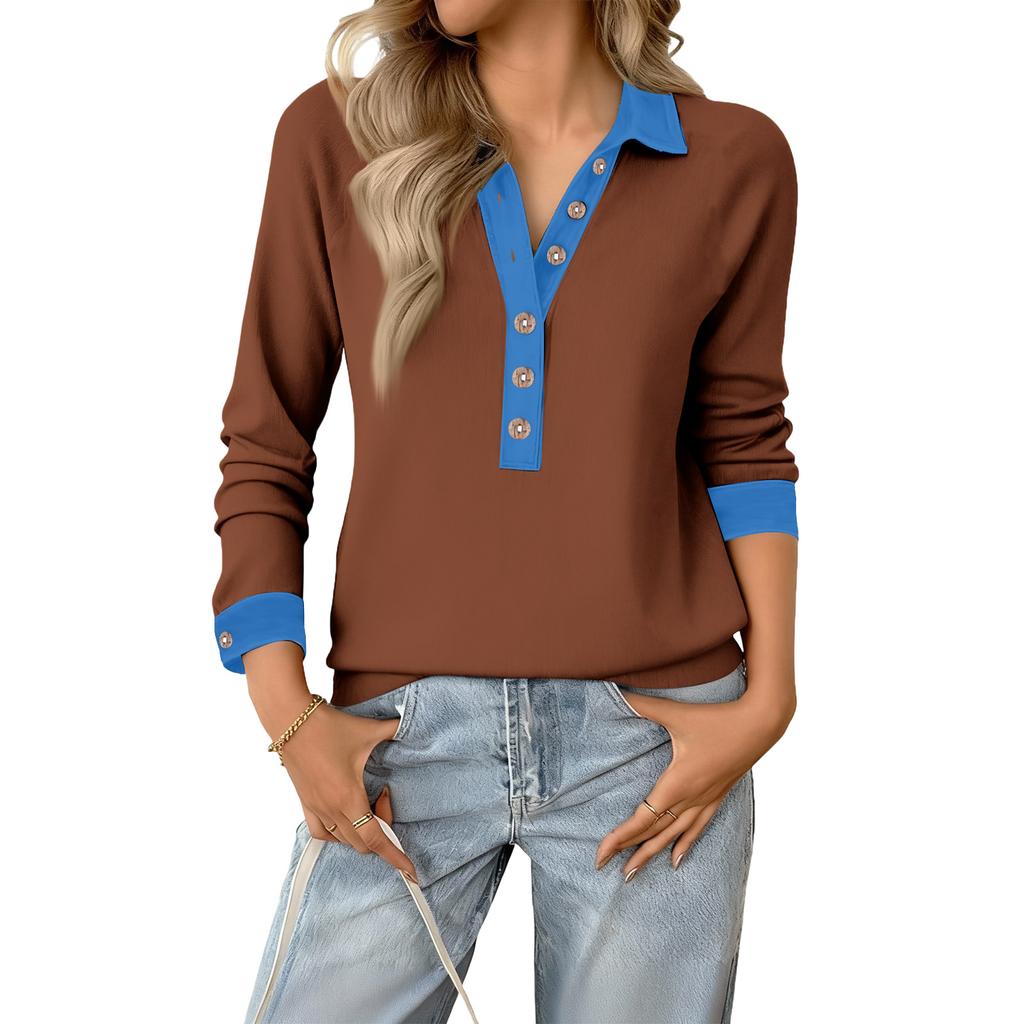 Women's Retro Street Lazy Denim Collar Long Sleeve Pullover Patchwork Knit Top