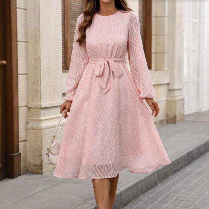 

Spring Autumn Pink Bodycon Dress Office Lady Fashion Loose Elegant Waist Bow Lace Lantern Sleeve Maxi Dresses for Women Clothing S