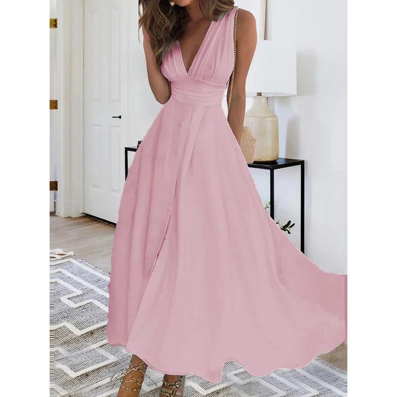

Sexy Deep V-neck Sleeveless Dress Pure Color Sexy Deep V Neck Sleeveless Dress Pink XXL