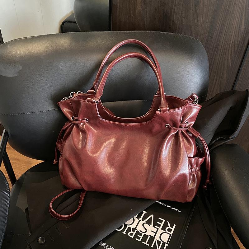 Large Capacity PU Tote Bag Women Fashion Shoulder Bag With Drawstring Detail Soft Texture Handbag Everyday Use