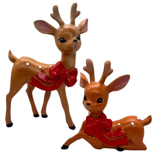 Vintage Spotted Deer Ornament Resin Sika Deer Figurine with Red Bow Cute Deer Statue for Christmas Decoration Table Centerpiece