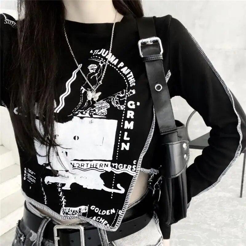 VAYLA Gothic Goth Style Tshirt Women Autumn Long Sleeve Grunge Crop Tops Vintage T-shirt Harajuku Tees Streetwear Clothes Punk