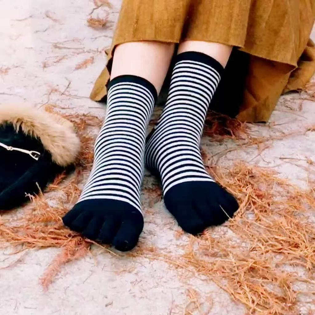 Pure Cotton Socks, Autumn and Winter Women's Five-finger Socks, All-cotton Thin Strip Thick Mid-calf Socks