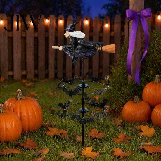 Spinning Garden Stakes for Outside Witch Wind Spinner, Halloween Resin Statue Stake, Spooky Bats Decorative Yard Fall And Spinner Outdoor Art