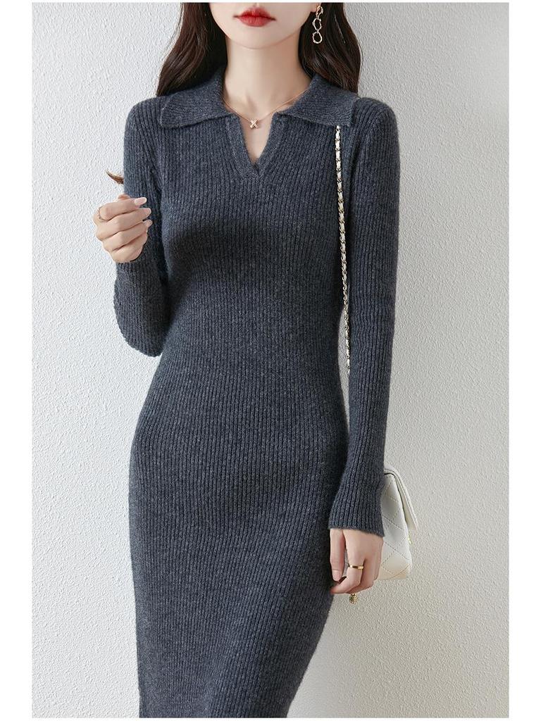 Autumn/Winter Wool Turn-Down Collar Slim-Fit Knitted Dress with Over-the-Knee Slit and Coat Set