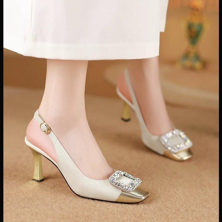 

Знаменитость стразы квадратная пряжка туфли на высоком каблуке задний ремешок шпилька одинарные туфли лето элегантные с открытой пяткой сумка на голову сандалии женские 39