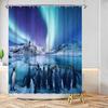 Penguin Shower Curtain Blue Bathroom Curtain Polar Animal Aurora Bathroom Curtain Waterproof Polyester Fabric with Hook