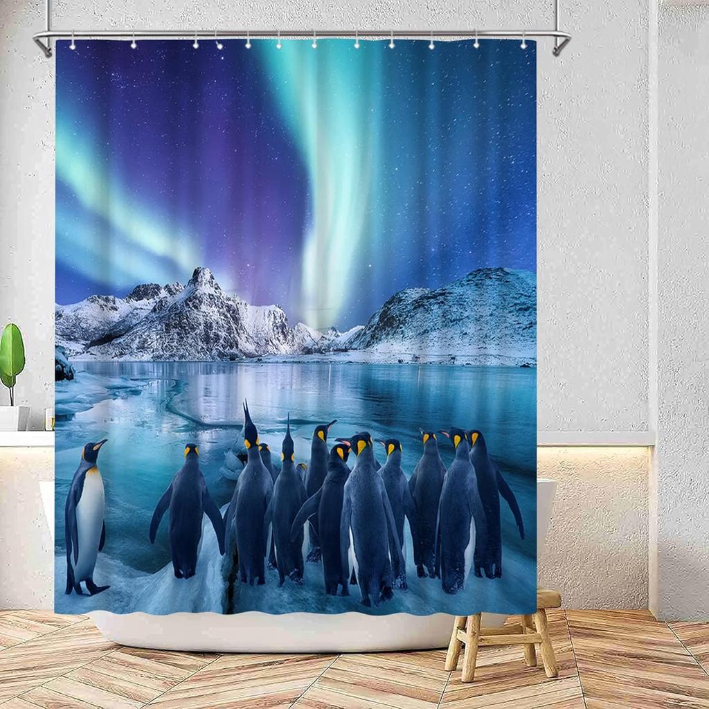 Penguin Shower Curtain Blue Bathroom Curtain Polar Animal Aurora Bathroom Curtain Waterproof Polyester Fabric with Hook
