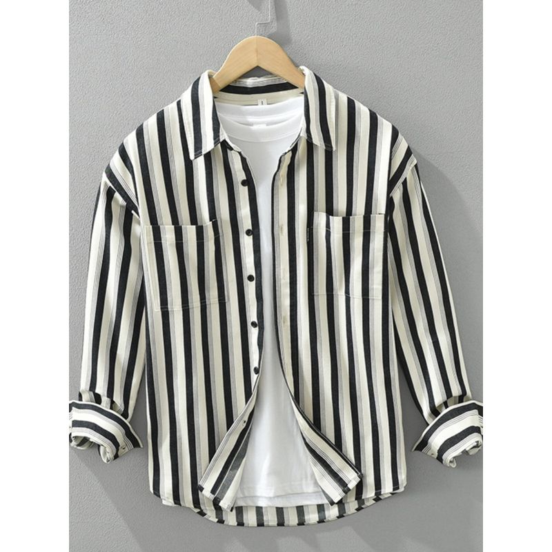 Spring and Autumn Fashion Hong Kong Style Long Sleeve Shirt Men Japanese Style Stripe Loose Leisure All-Matching Shirt Outwear Tide New Arrival