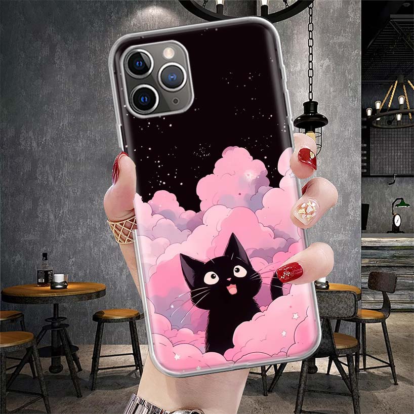 Anime Cute Black Cat Meow Soft Phone Case For IPhone 11 17 Air 16E 16 Pro Max 15 + 14 Plus 13 Mini 12 Apple 7 SE 8 Fundas Coque