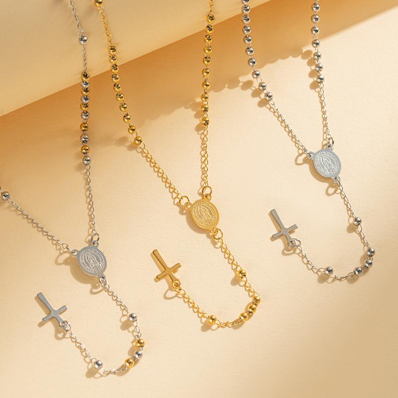 3/4/6Mm Round Bead Necklace Titanium Steel Virgin Mary Cross Stainless Steel Buddhist Beads Necklace Light Luxury Jewelry