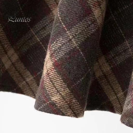 Women Midi Skirt Elastic High Waist Plaid Print Skater Skirt A-Line Large Hem Casual Skirt Commuting Streetwear