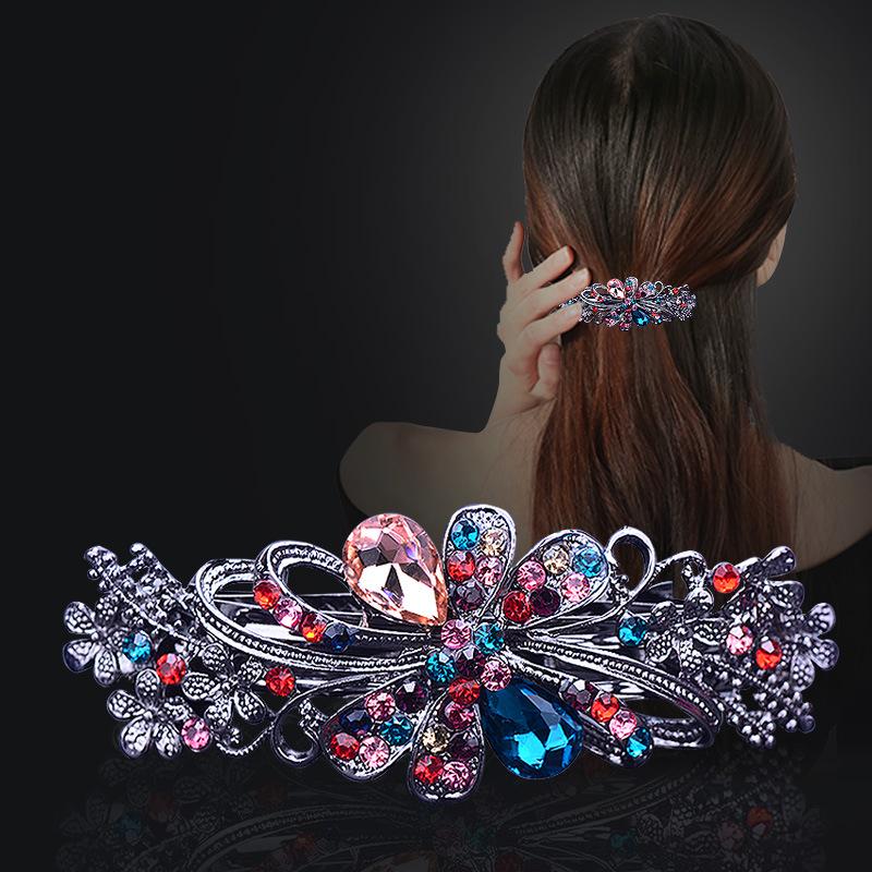 Clip de Primavera de Circonita Blanca Flor de Pedrería Brillante Clip Superior Clip Horizontal Elegante Adorno para el Cabello de Moda para Madres