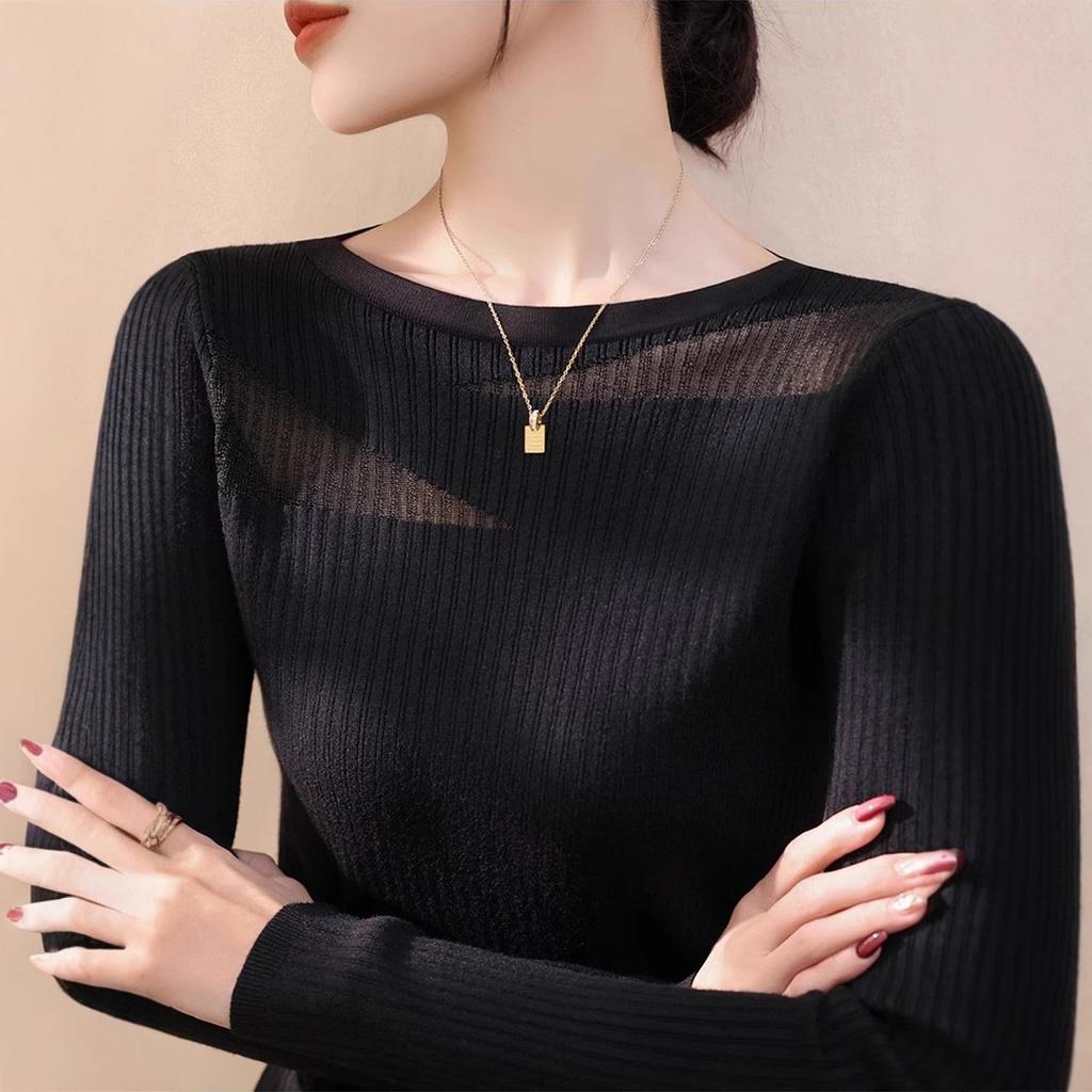 WTEMPO Women's Round Neck Lace Mesh Knitted Sweater Women's Sweater Spring and Summer