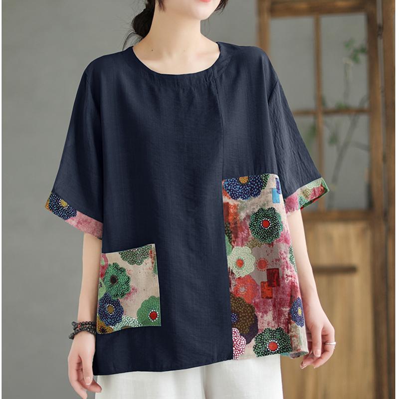 Vintage Bedrucktes Oberteil Locker Kurzärmeliges T-Shirt Damen Sommer O-Ausschnitt Lässig Einsätze Tasche Tee Tops Weiblich 2025 Neu
