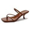 Fashion French Thin Strap Square Head High Heel Sandals Thin Heel 2025 New Summer Soft Leather Toe Temperament Kitten and Cool Slippers