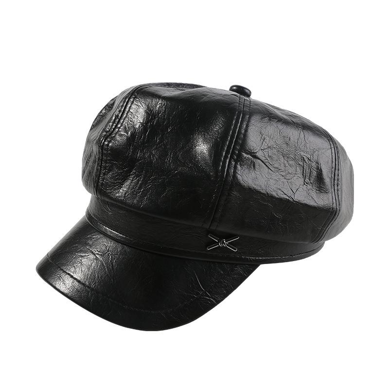 Hat Women's Face-showing Small PU Leather Octagonal Hat New Navy Beret British Retro All Match Newsboy Hat