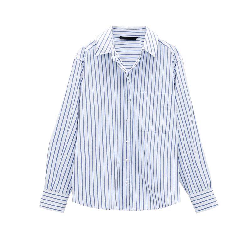 

Za Fall and Winter White Base Shirt Tops Loose Long Sleeves Single Striped Style with Pockets Shirt Female 2173262 7727760 Blue Stripe L