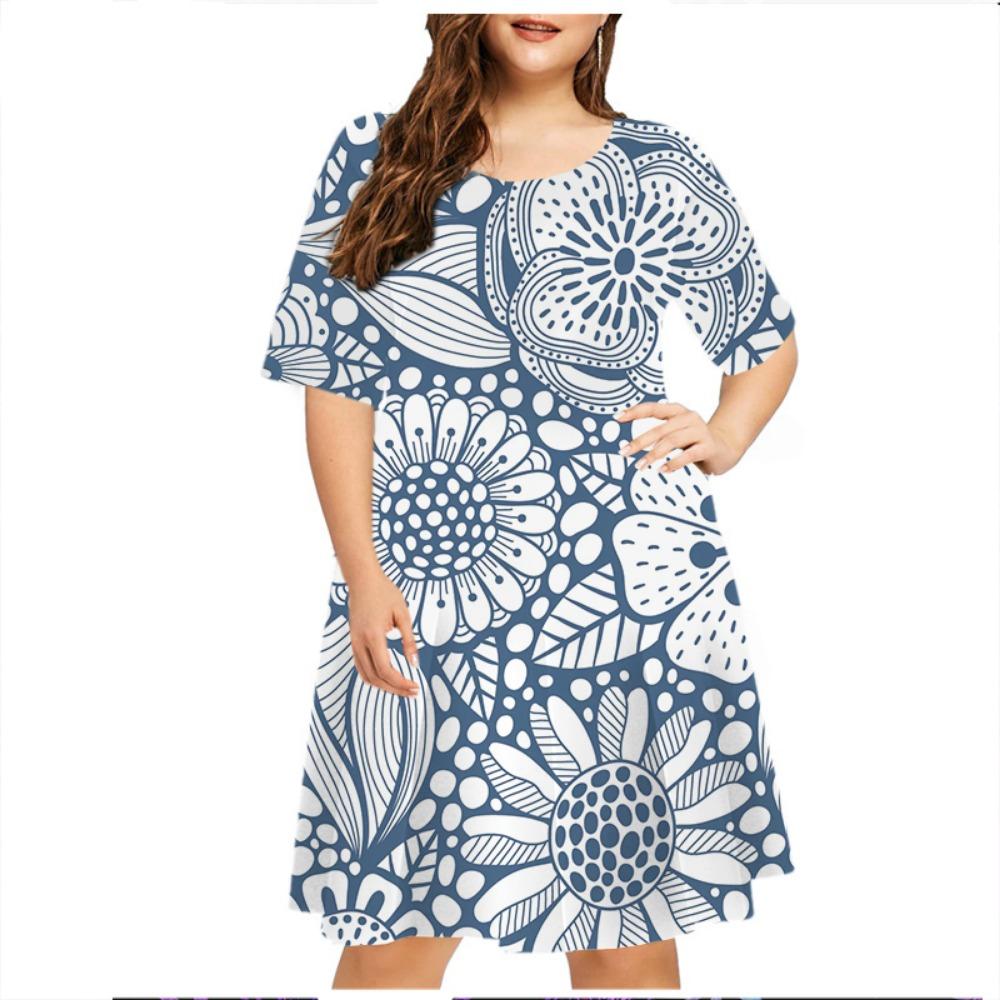 Casual Dress Summer Retro Flower Printed Loose Dress Women's Painting Short Sleeve Round Neck Mini Dress Women's Dress